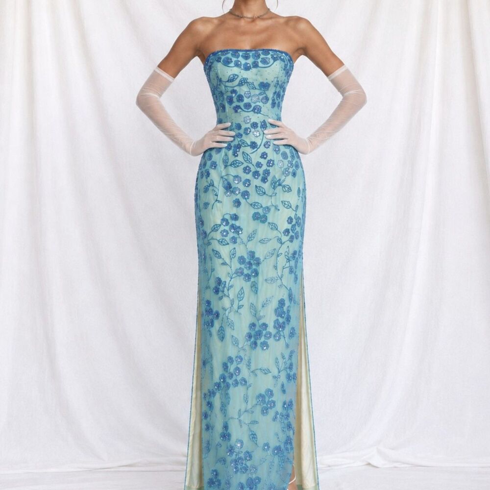 Vintage Blue Strapless Floral Beaded Silk Side Slit Maxi Bodycon Prom Dress L